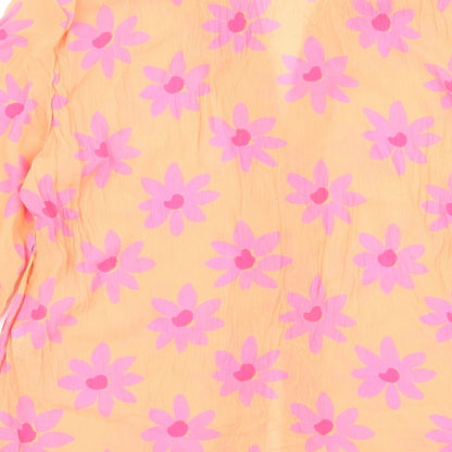 Primark Womens Orange Floral Polyester Basic Button-Up Size 8 V-Neck