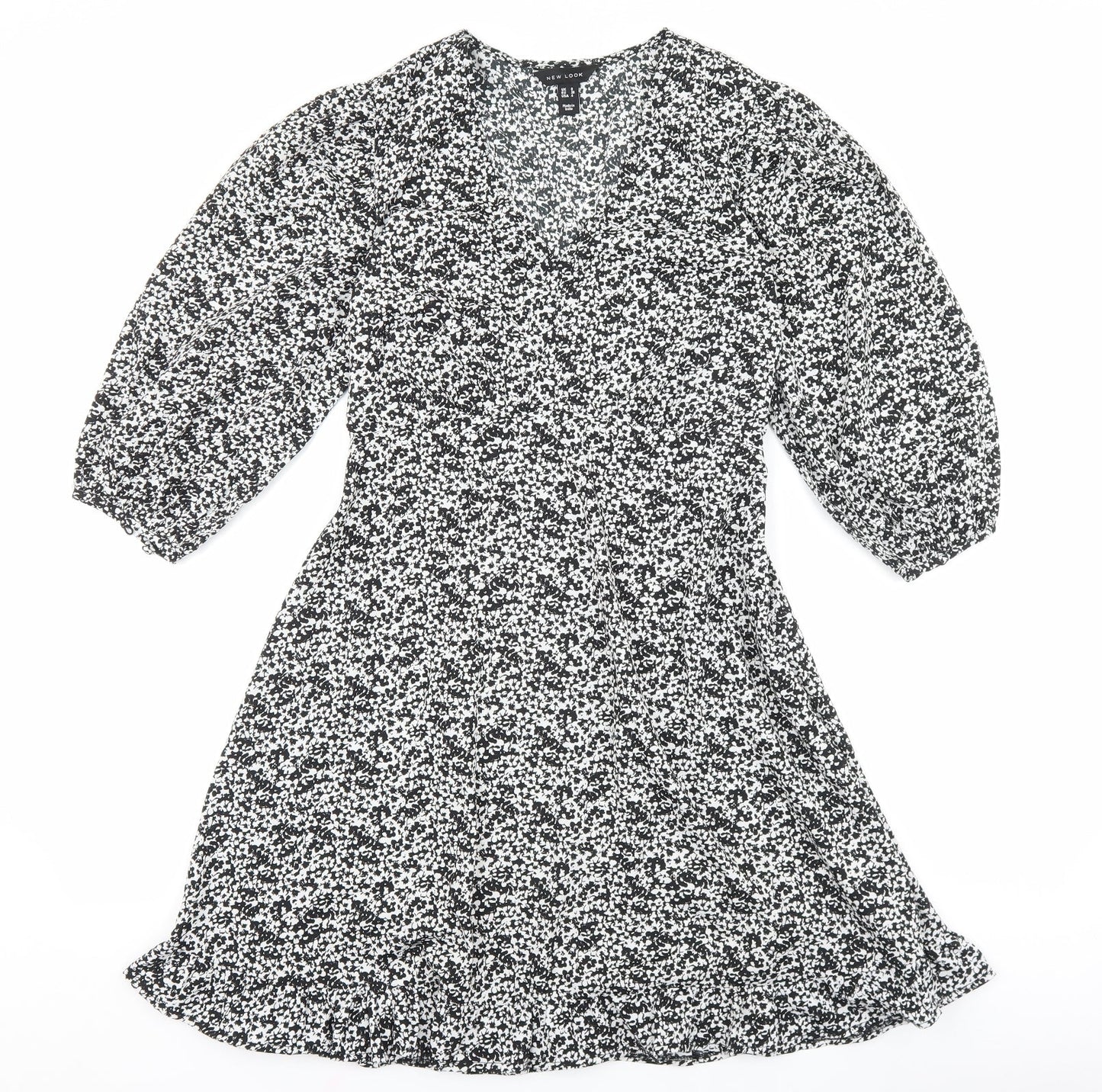 New Look Womens Black Floral Polyester Skater Dress Size 8 V-Neck Zip