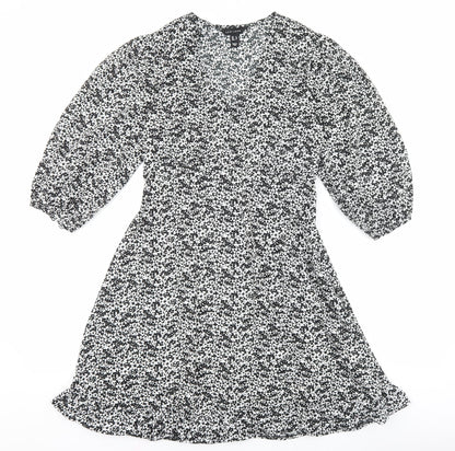 New Look Womens Black Floral Polyester Skater Dress Size 8 V-Neck Zip