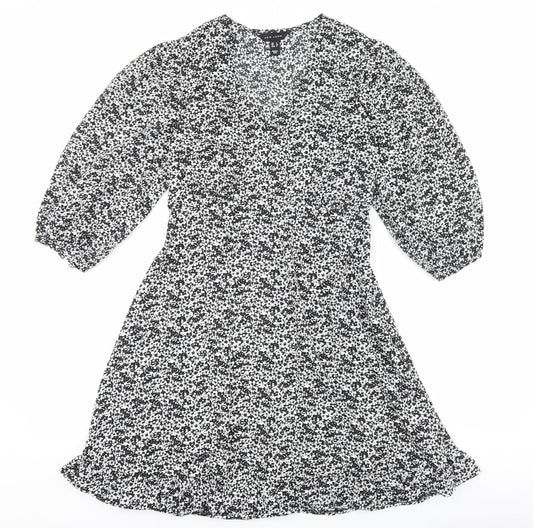 New Look Womens Black Floral Polyester Skater Dress Size 8 V-Neck Zip