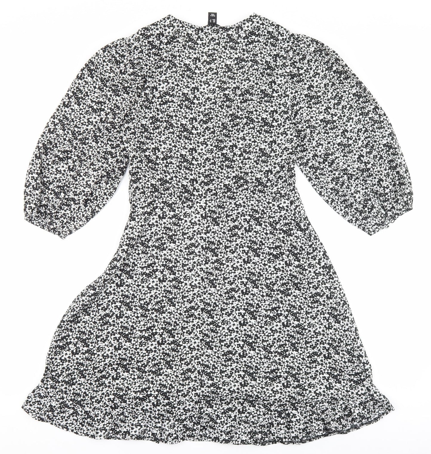 New Look Womens Black Floral Polyester Skater Dress Size 8 V-Neck Zip
