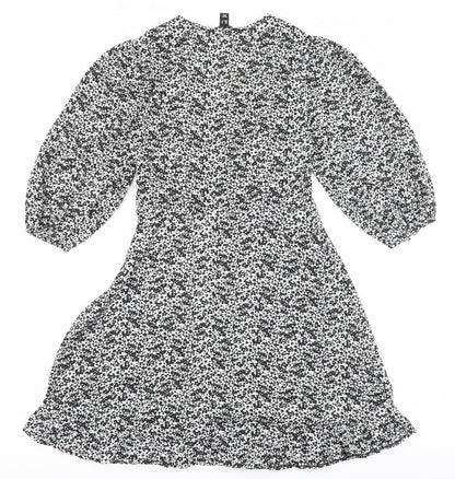 New Look Womens Black Floral Polyester Skater Dress Size 8 V-Neck Zip