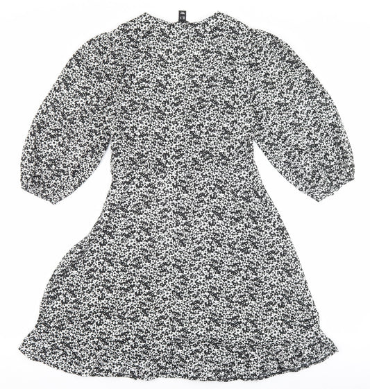 New Look Womens Black Floral Polyester Skater Dress Size 8 V-Neck Zip