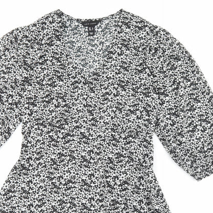 New Look Womens Black Floral Polyester Skater Dress Size 8 V-Neck Zip