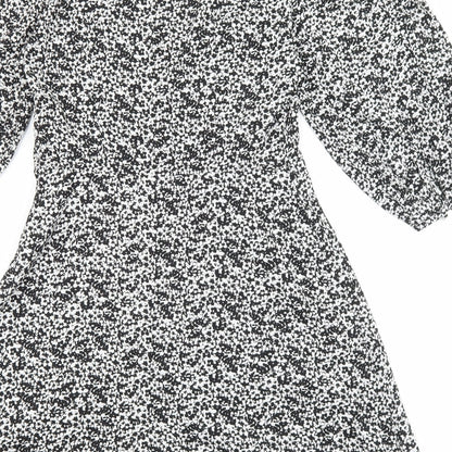 New Look Womens Black Floral Polyester Skater Dress Size 8 V-Neck Zip