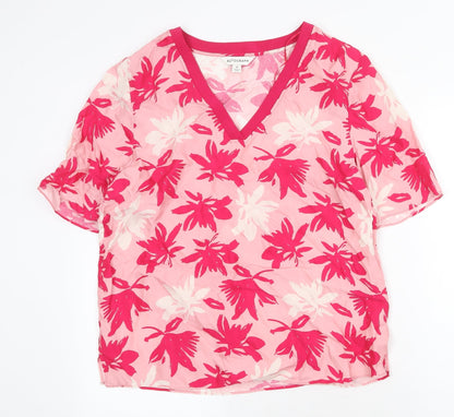 Autograph Womens Pink Floral Viscose Basic T-Shirt Size 10 V-Neck
