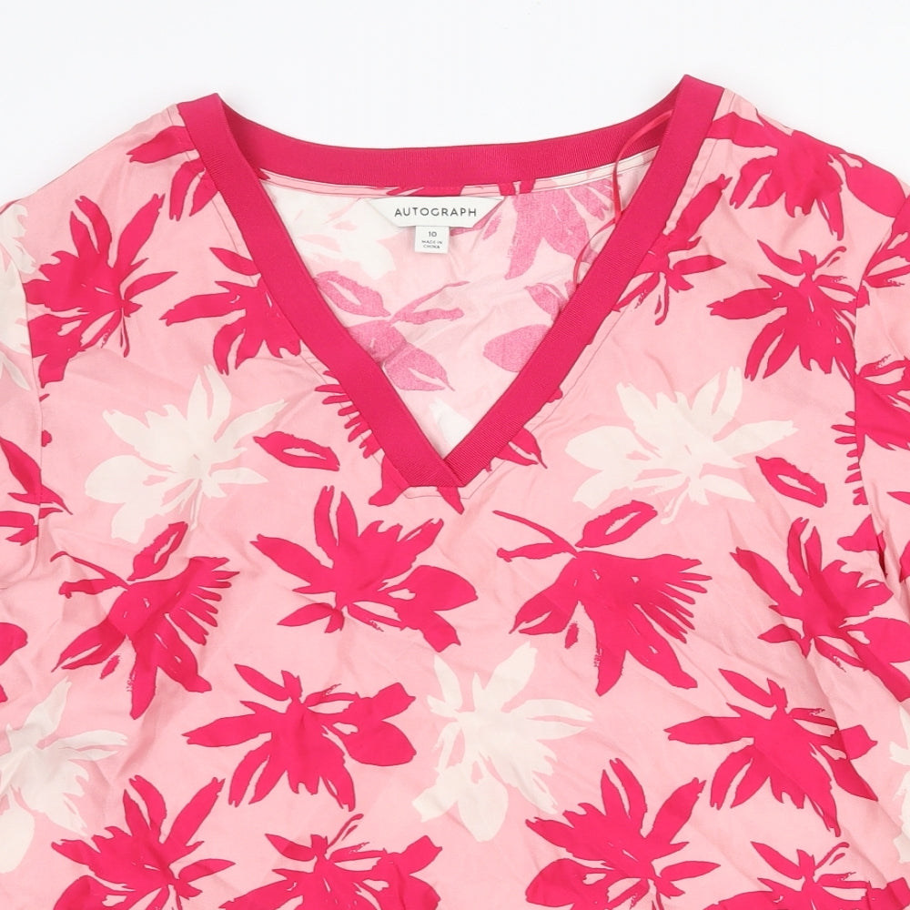 Autograph Womens Pink Floral Viscose Basic T-Shirt Size 10 V-Neck
