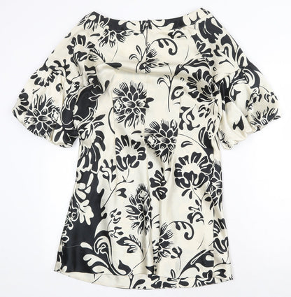 Marks and Spencer Womens Black Floral Polyester Shift Size 12 Boat Neck Button