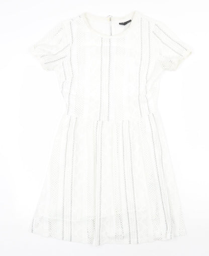 Topshop Womens White Striped Polyester Fit & Flare Size 8 Round Neck Zip