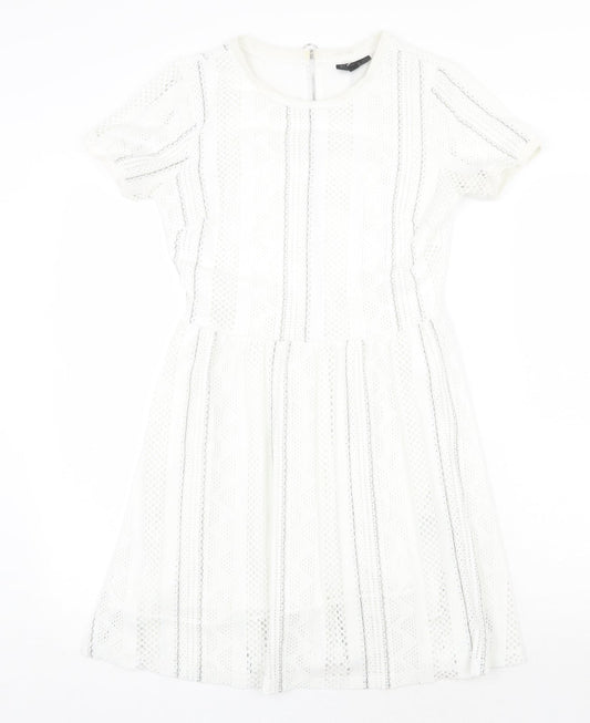 Topshop Womens White Striped Polyester Fit & Flare Size 8 Round Neck Zip