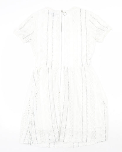 Topshop Womens White Striped Polyester Fit & Flare Size 8 Round Neck Zip