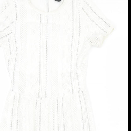 Topshop Womens White Striped Polyester Fit & Flare Size 8 Round Neck Zip