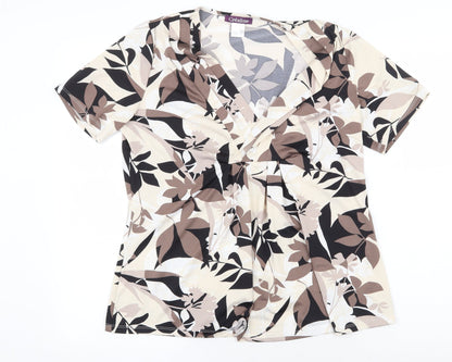 Crealine Womens Beige Geometric Polyester Basic T-Shirt Size 14 V-Neck - Leaf Print