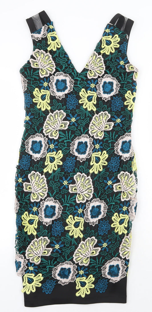Julien Macdonald Womens Multicoloured Floral Polyester Sheath Size 8 V-Neck Zip