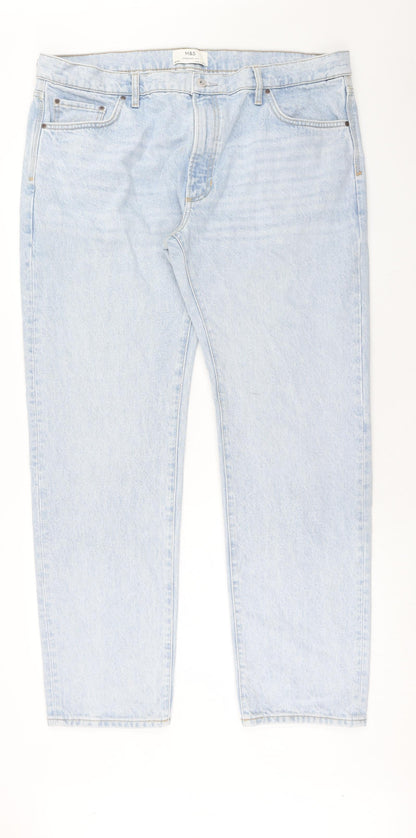 Marks and Spencer Mens Blue Cotton Straight Jeans Size 40 in L33 in Regular Button - Long Leg