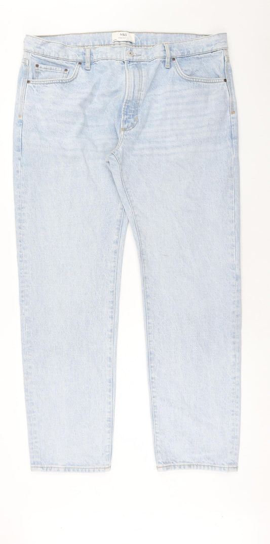 Marks and Spencer Mens Blue Cotton Straight Jeans Size 40 in L33 in Regular Button - Long Leg