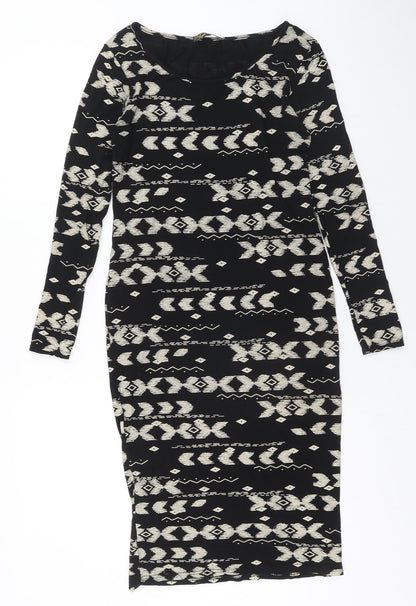 High Rose Womens Black Geometric Viscose Bodycon Size S Boat Neck Pullover