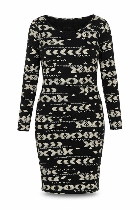 High Rose Womens Black Geometric Viscose Bodycon Size S Boat Neck Pullover