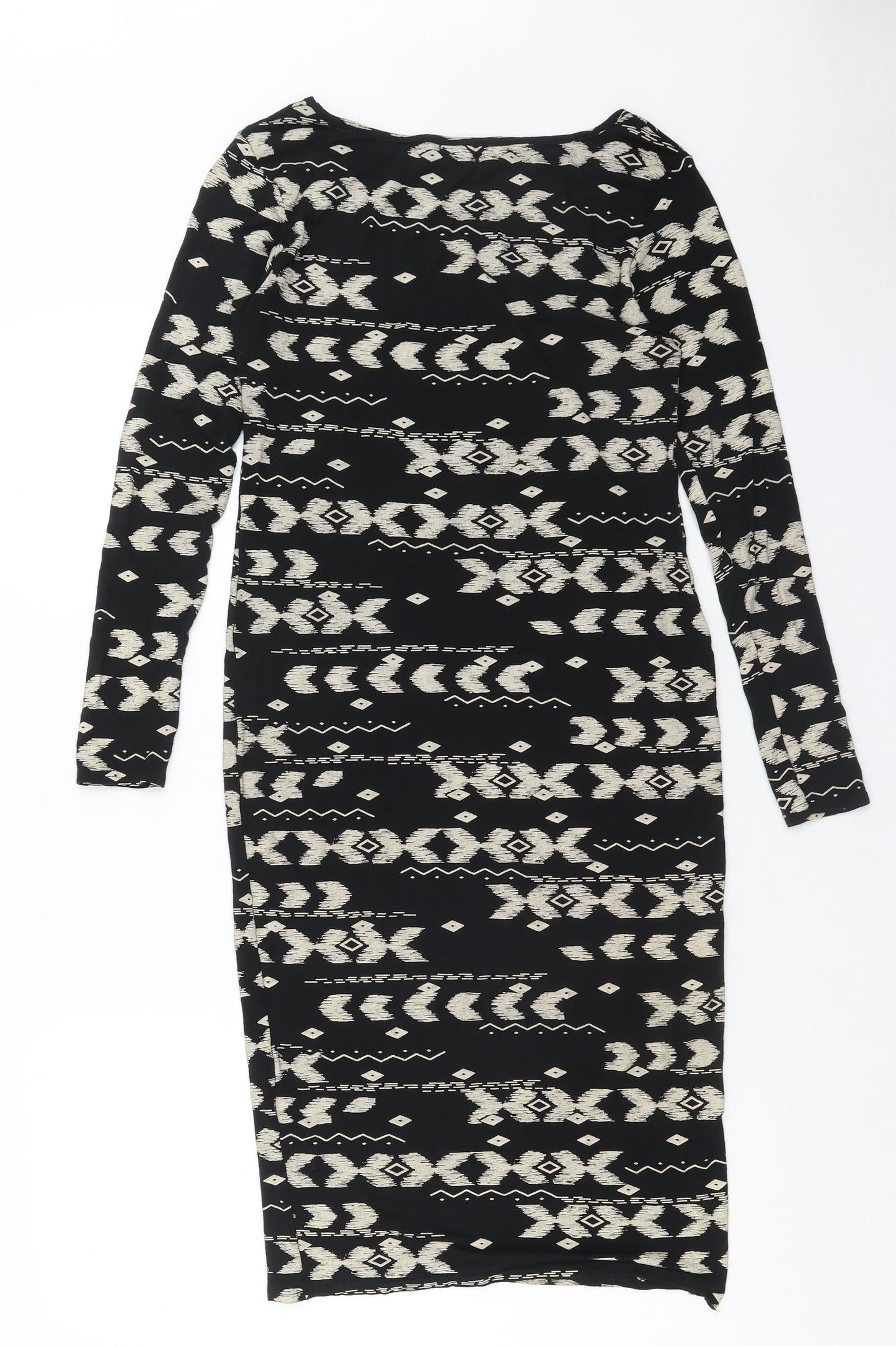 High Rose Womens Black Geometric Viscose Bodycon Size S Boat Neck Pullover