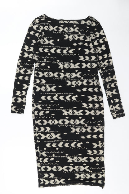 High Rose Womens Black Geometric Viscose Bodycon Size S Boat Neck Pullover