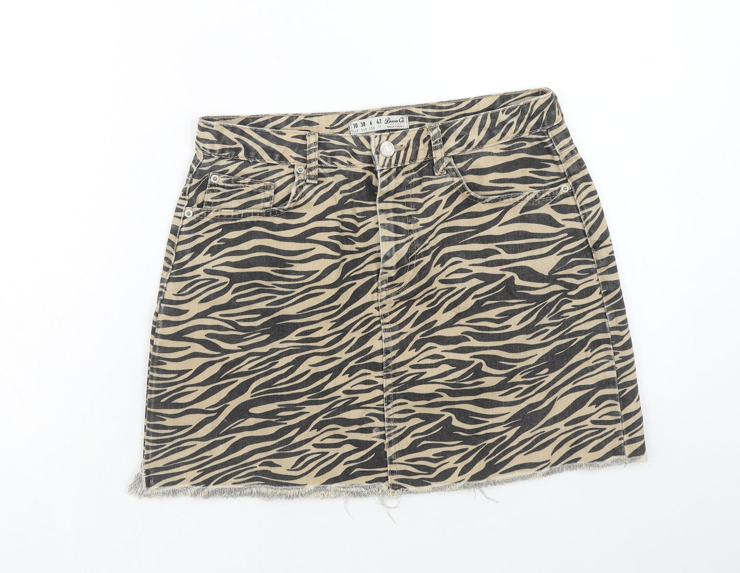 Denim & Co. Womens Brown Animal Print Cotton Mini Skirt Size 10 Button - Tiger Print