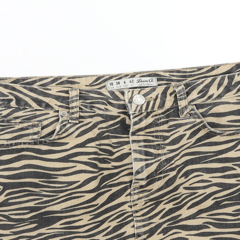 Denim & Co. Womens Brown Animal Print Cotton Mini Skirt Size 10 Button - Tiger Print