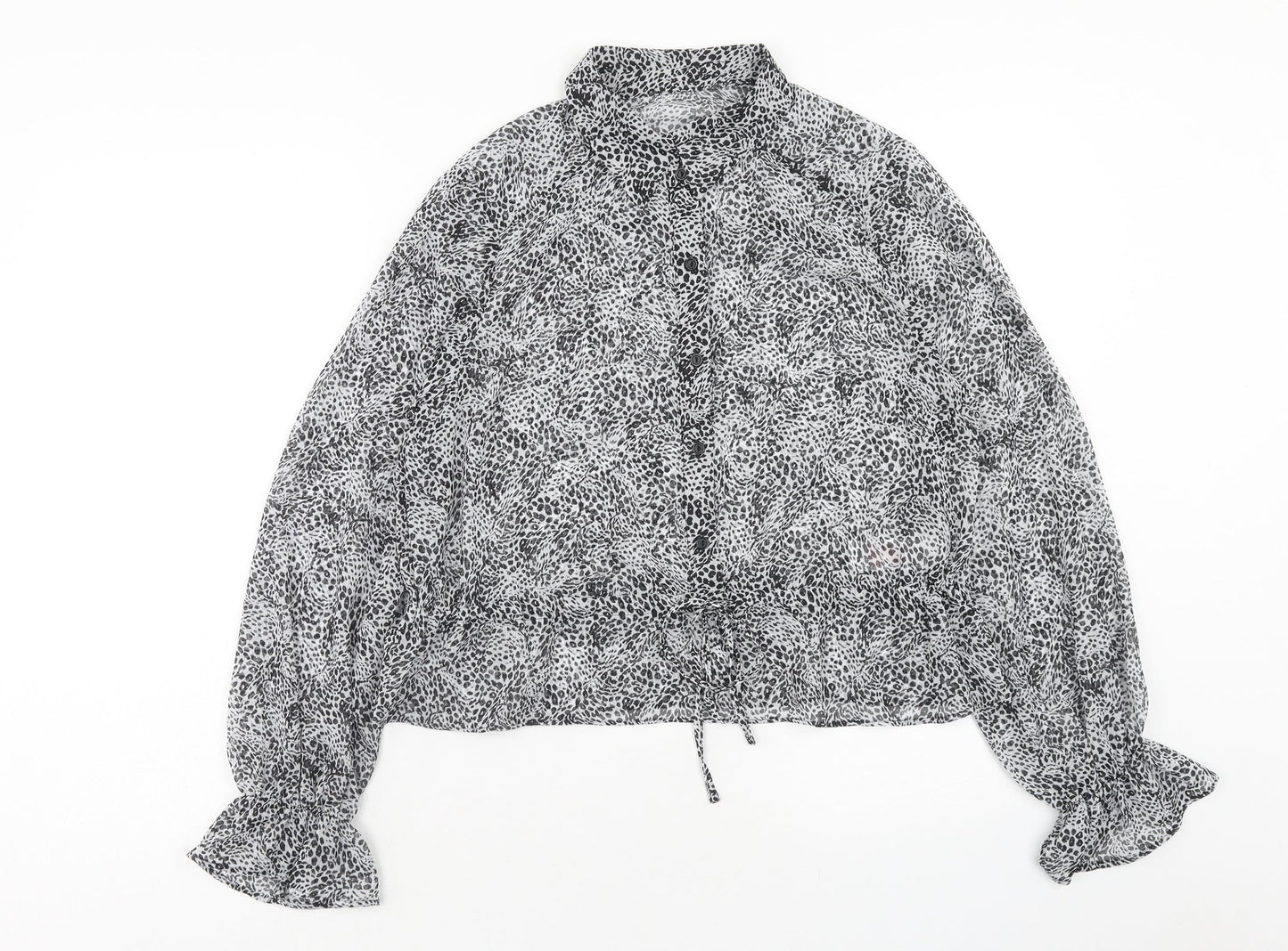 Primark Womens Grey Animal Print Polyester Basic Button-Up Size 12 Collared - Leopard Print