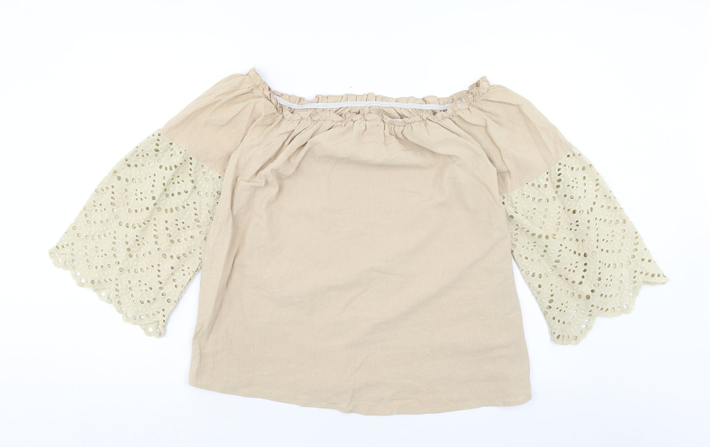 SheIn Womens Beige Cotton Basic Blouse Size L Off the Shoulder - Broderie Anglaise Sleeve