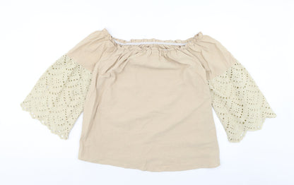 SheIn Womens Beige Cotton Basic Blouse Size L Off the Shoulder - Broderie Anglaise Sleeve