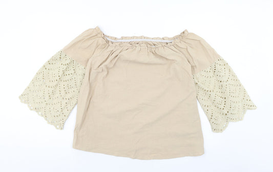 SheIn Womens Beige Cotton Basic Blouse Size L Off the Shoulder - Broderie Anglaise Sleeve