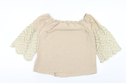 SheIn Womens Beige Cotton Basic Blouse Size L Off the Shoulder - Broderie Anglaise Sleeve