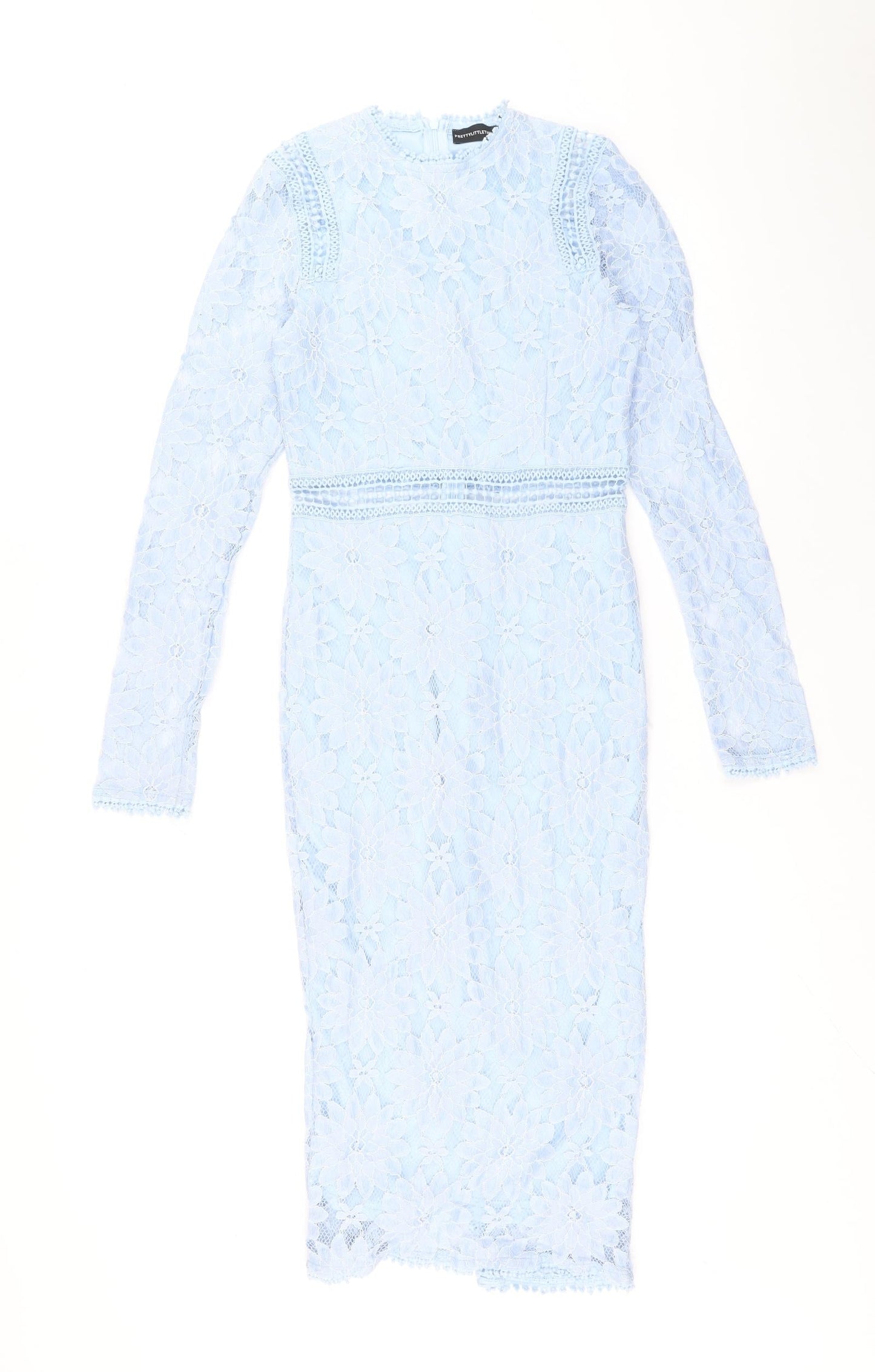 PRETTYLITTLETHING Womens Blue Polyamide Pencil Dress Size 6 Round Neck Zip