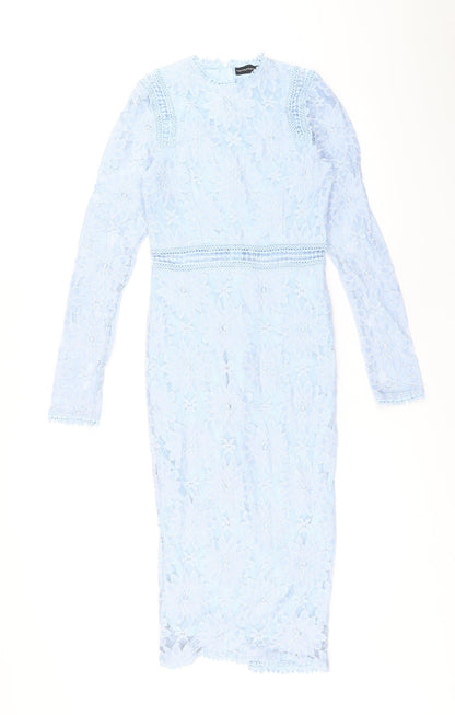 PRETTYLITTLETHING Womens Blue Polyamide Pencil Dress Size 6 Round Neck Zip