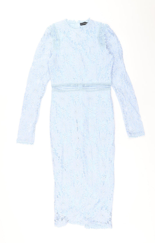 PRETTYLITTLETHING Womens Blue Polyamide Pencil Dress Size 6 Round Neck Zip