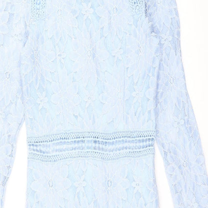 PRETTYLITTLETHING Womens Blue Polyamide Pencil Dress Size 6 Round Neck Zip