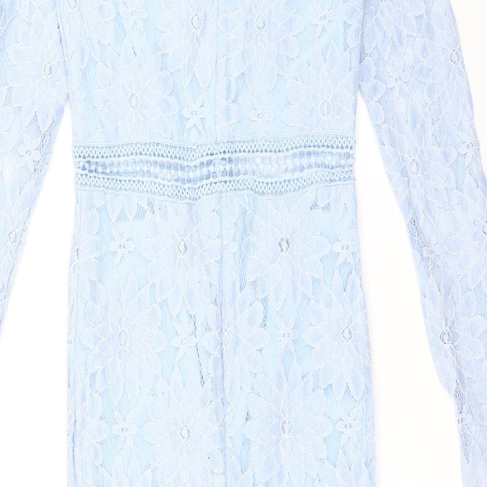 PRETTYLITTLETHING Womens Blue Polyamide Pencil Dress Size 6 Round Neck Zip