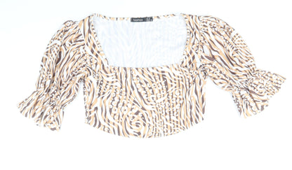 Boohoo Womens Beige Animal Print Polyester Cropped Blouse Size 10 Square Neck - Leopard Tiger Print