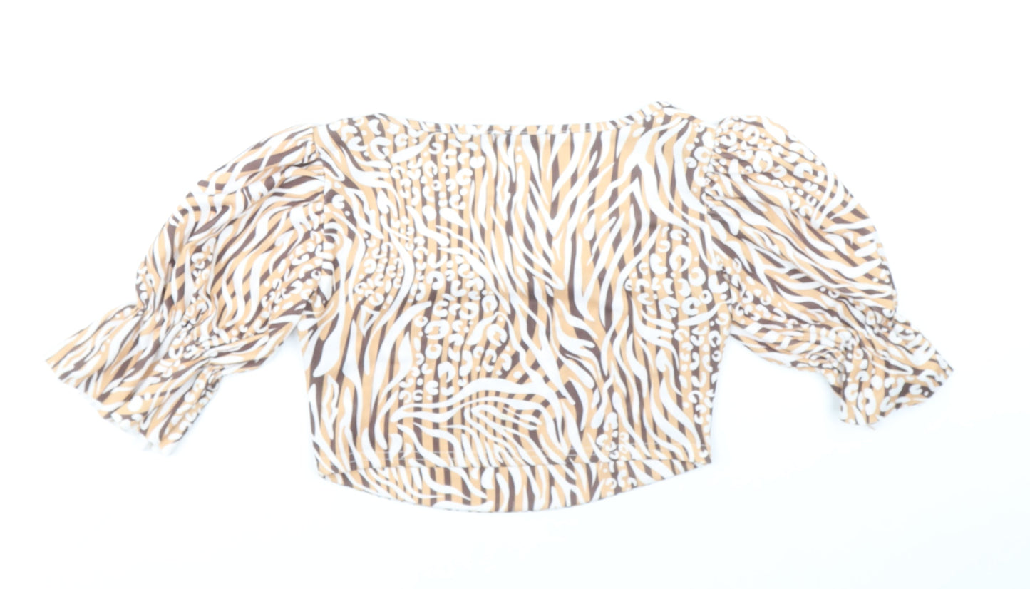 Boohoo Womens Beige Animal Print Polyester Cropped Blouse Size 10 Square Neck - Leopard Tiger Print