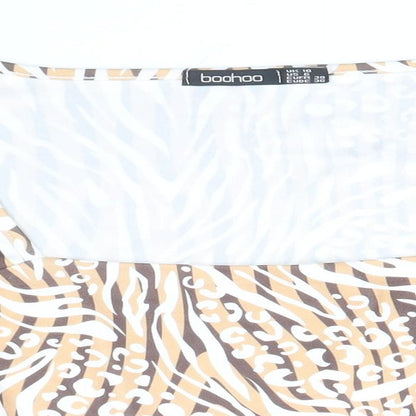 Boohoo Womens Beige Animal Print Polyester Cropped Blouse Size 10 Square Neck - Leopard Tiger Print