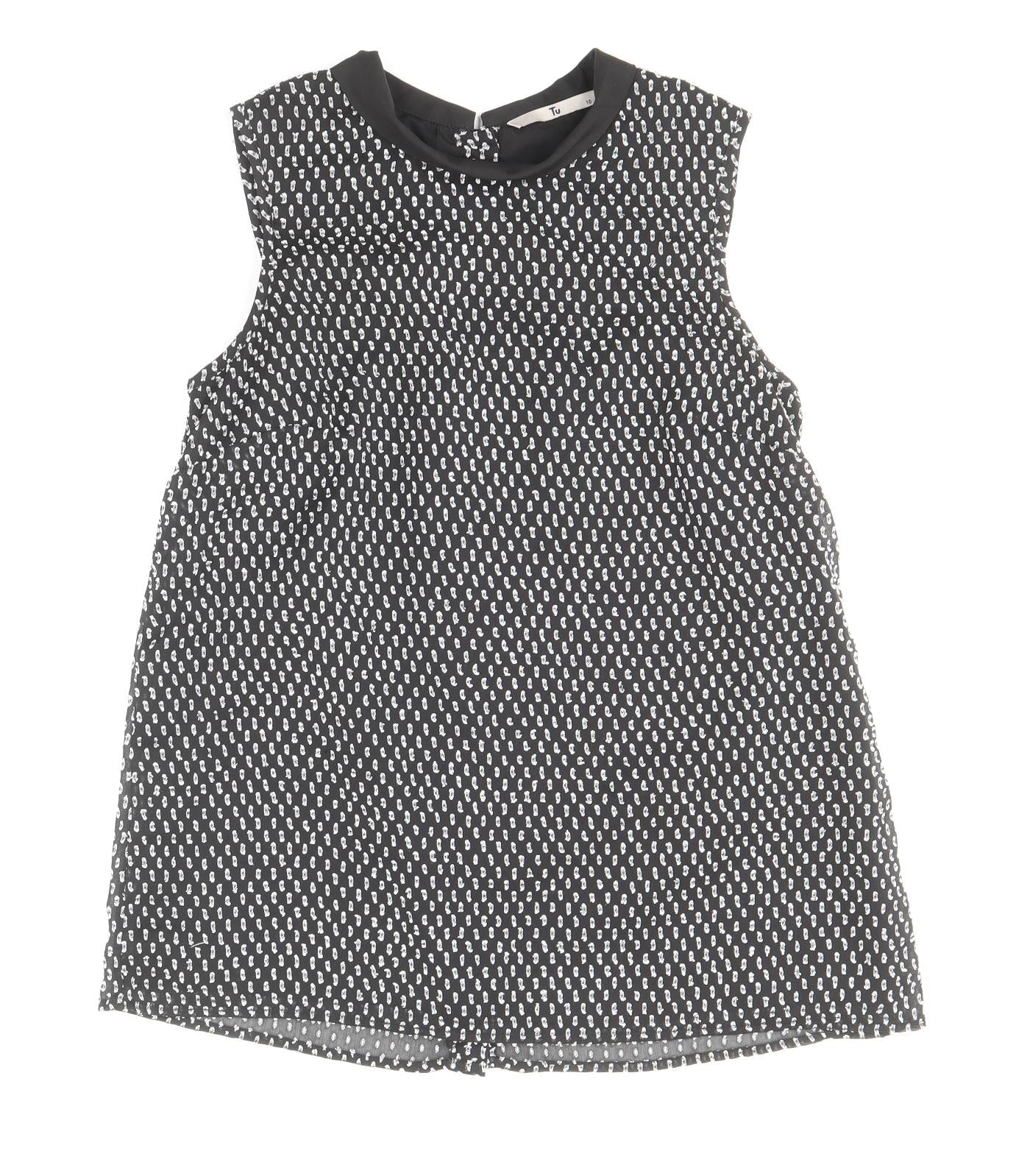 TU Womens Black Geometric Polyester Basic Blouse Size 10 Round Neck