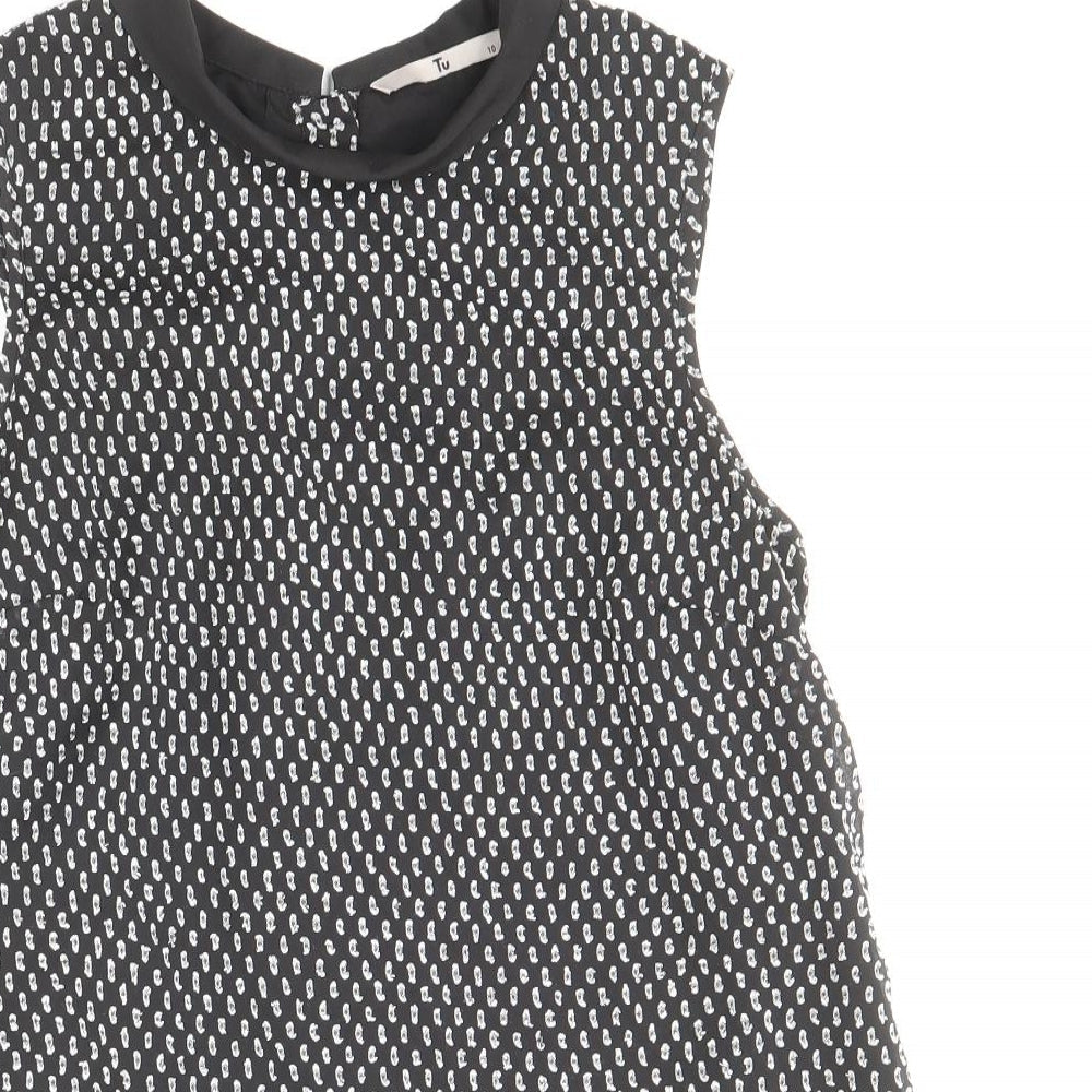 TU Womens Black Geometric Polyester Basic Blouse Size 10 Round Neck