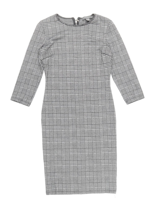 Primark Womens Grey Plaid Polyester Pencil Dress Size 10 Round Neck Zip