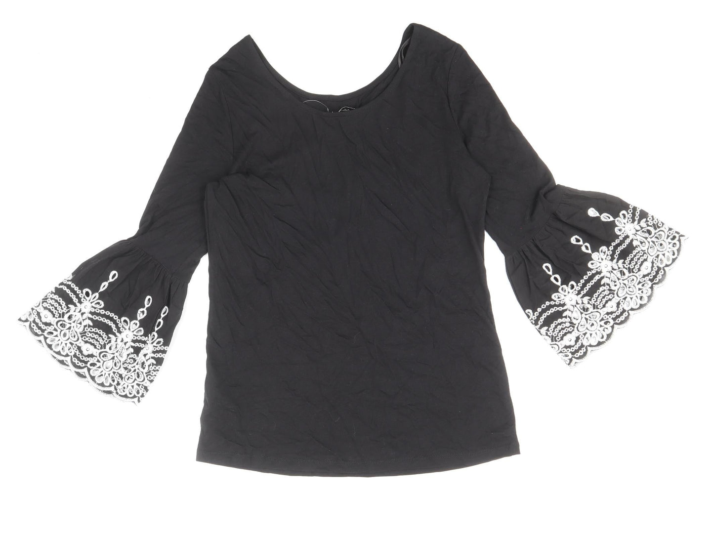 F&F Womens Black Cotton Basic T-Shirt Size 8 Round Neck - Anglaise Detail on Sleeves