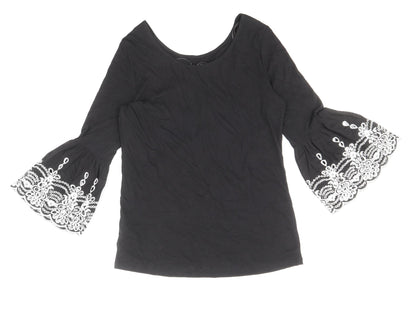 F&F Womens Black Cotton Basic T-Shirt Size 8 Round Neck - Anglaise Detail on Sleeves
