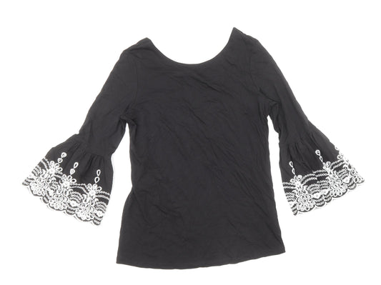 F&F Womens Black Cotton Basic T-Shirt Size 8 Round Neck - Anglaise Detail on Sleeves