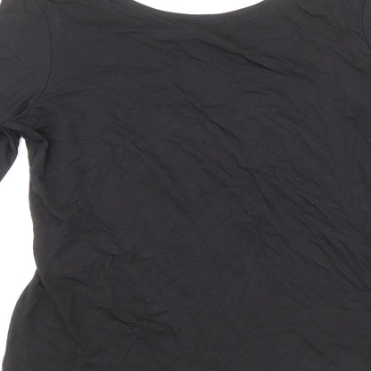 F&F Womens Black Cotton Basic T-Shirt Size 8 Round Neck - Anglaise Detail on Sleeves