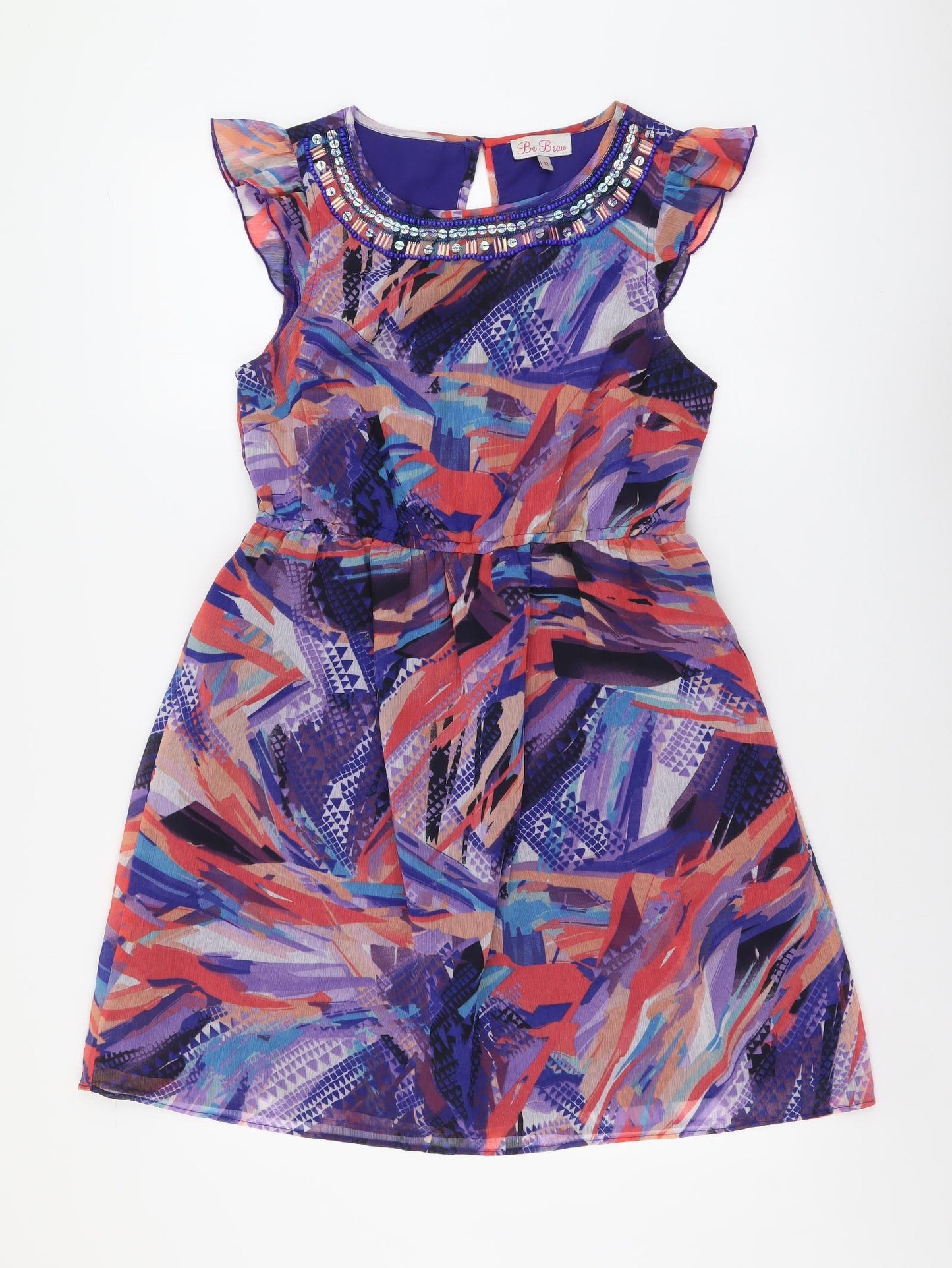 Be Beau Womens Multicoloured Geometric Polyester Fit & Flare Size 12 Boat Neck Button - Embellished Neckline