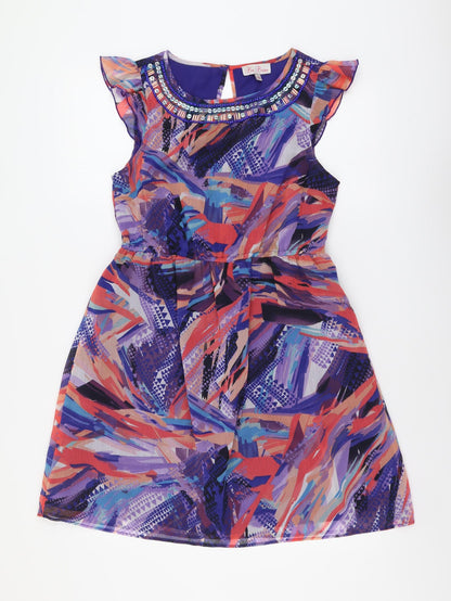 Be Beau Womens Multicoloured Geometric Polyester Fit & Flare Size 12 Boat Neck Button - Embellished Neckline