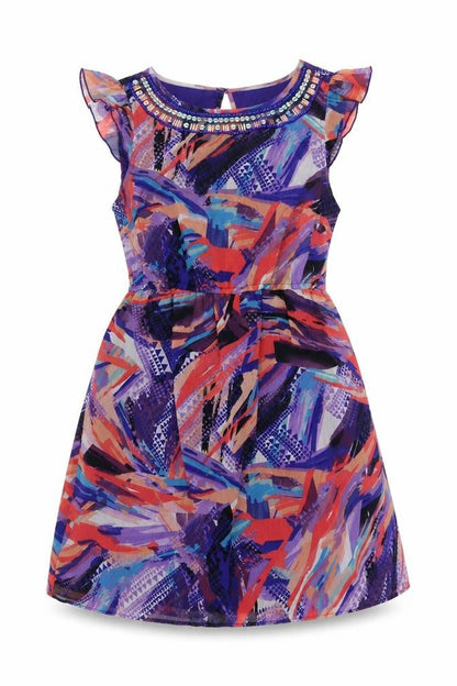 Be Beau Womens Multicoloured Geometric Polyester Fit & Flare Size 12 Boat Neck Button - Embellished Neckline