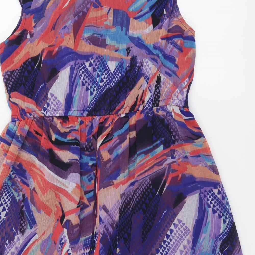 Be Beau Womens Multicoloured Geometric Polyester Fit & Flare Size 12 Boat Neck Button - Embellished Neckline